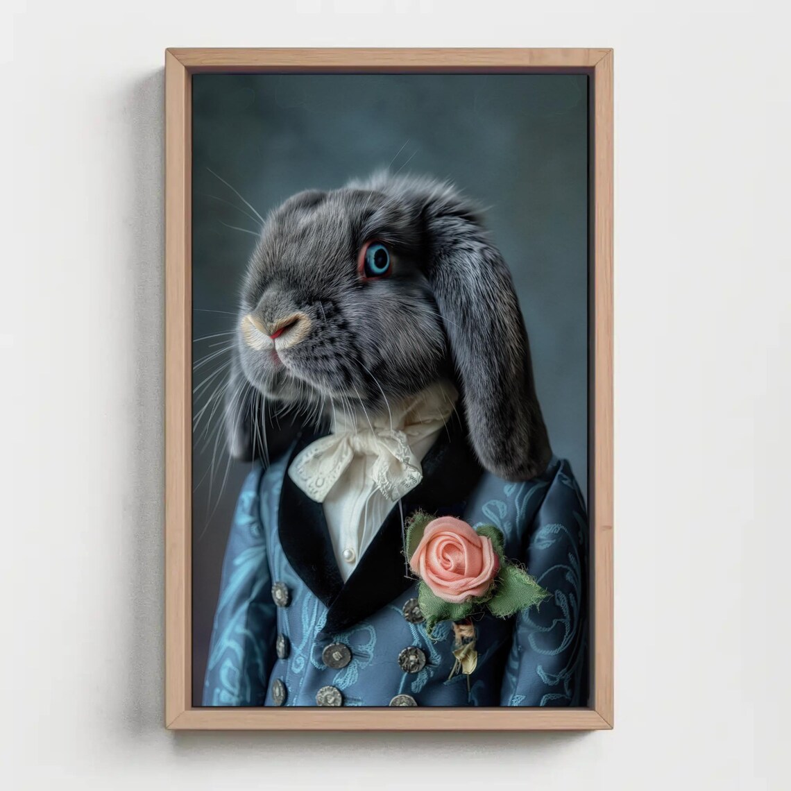 Gray Holland Lop Rabbit in Blue Victorian Suit with Rose Portrait Poster - Image 5