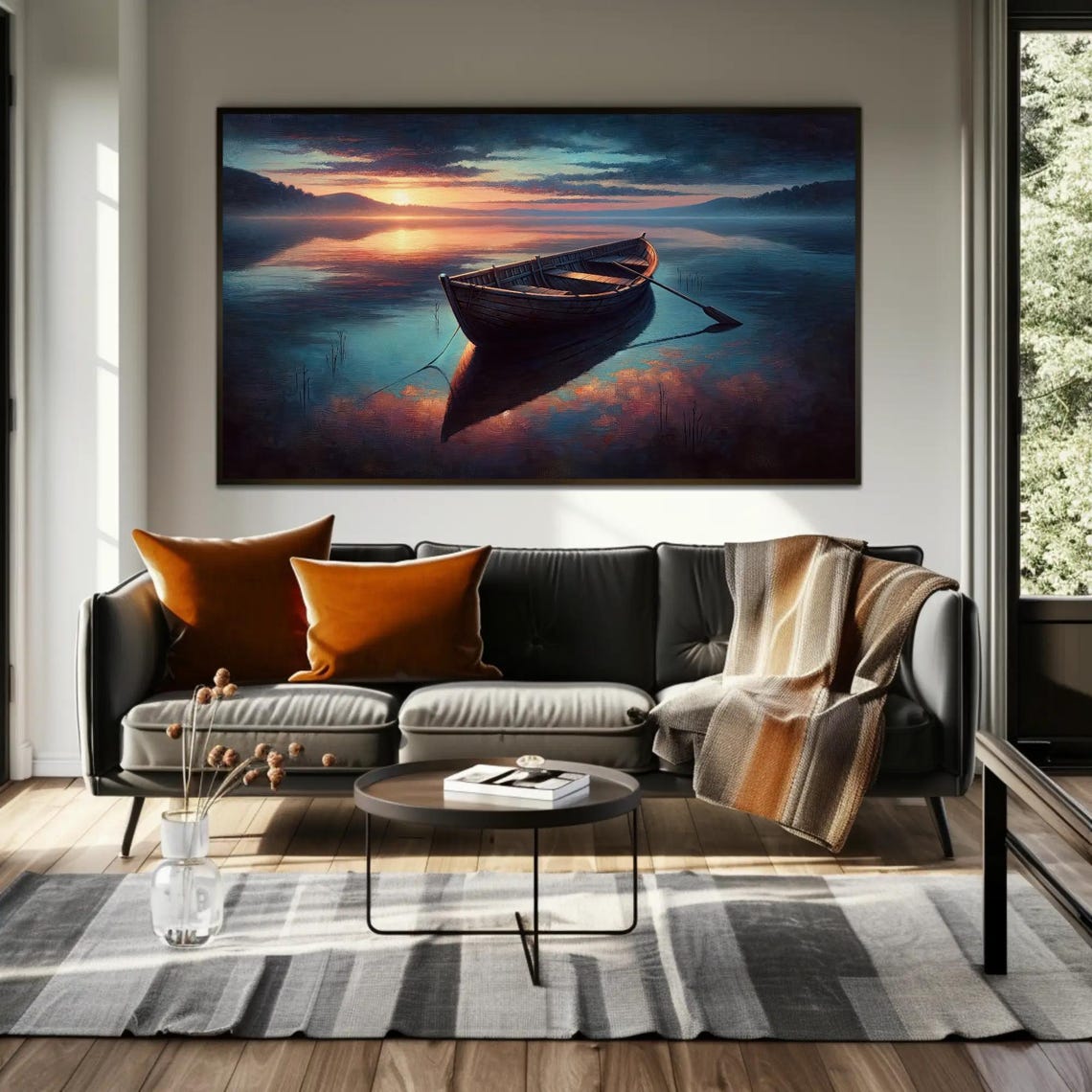 Wooden Rowboat At Sunset On Glassy Lake Mirror Reflections Poster - Image 3