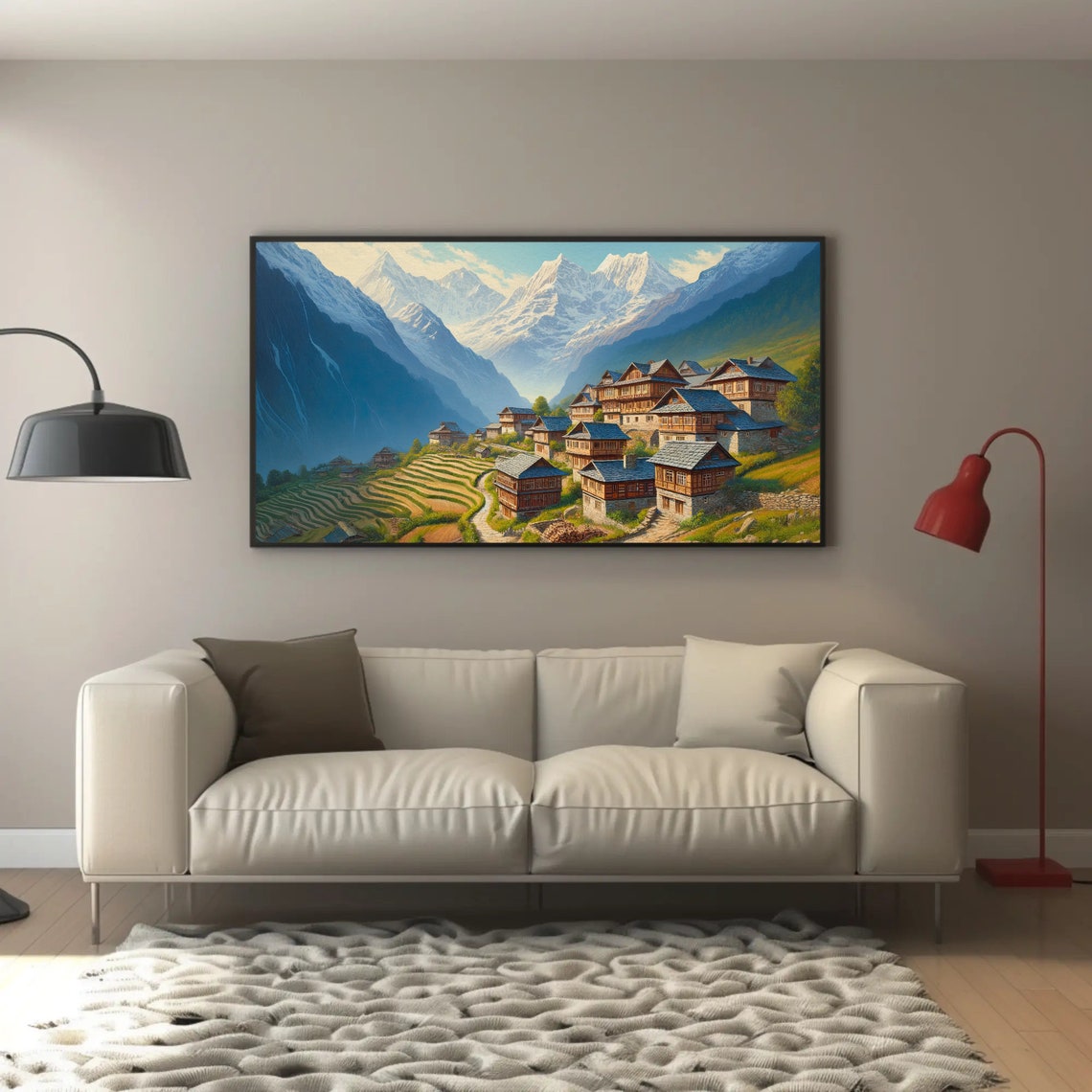 Himalayan Mountain Village Terraced Fields Snow Peaks Painting Poster - Image 4