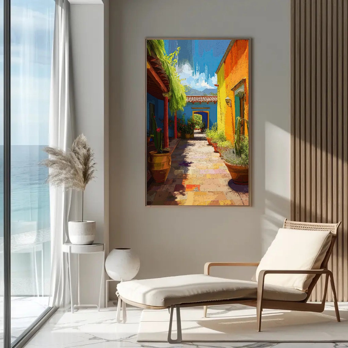 Colorful Mexican Courtyard Colonial Street Vibrant Painting Poster - Image 3