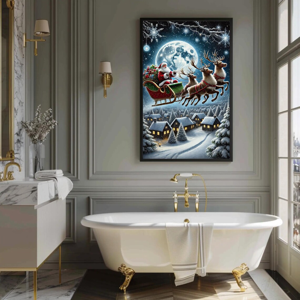 Santa Claus Sleigh Ride Over A Moonlit Snowy Village Night Poster - Image 4
