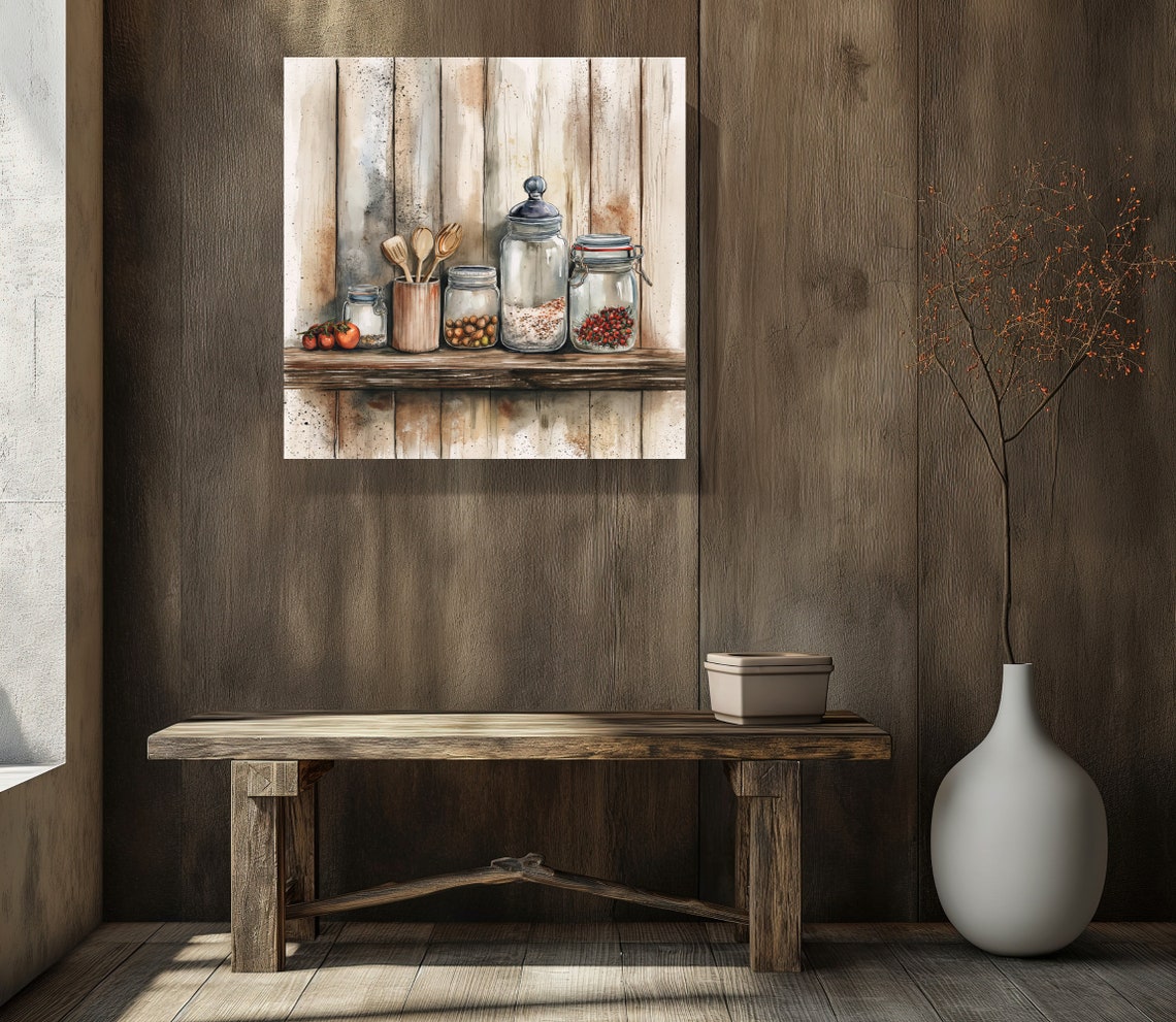 Rustic Kitchen Shelf With Mason Jars Watercolor Farmhouse Wall Print - Image 5