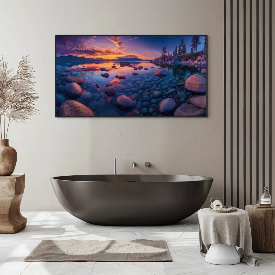 Sunset Lake with Rocky Shore Purple Sky Water Reflection View Poster - Image 4