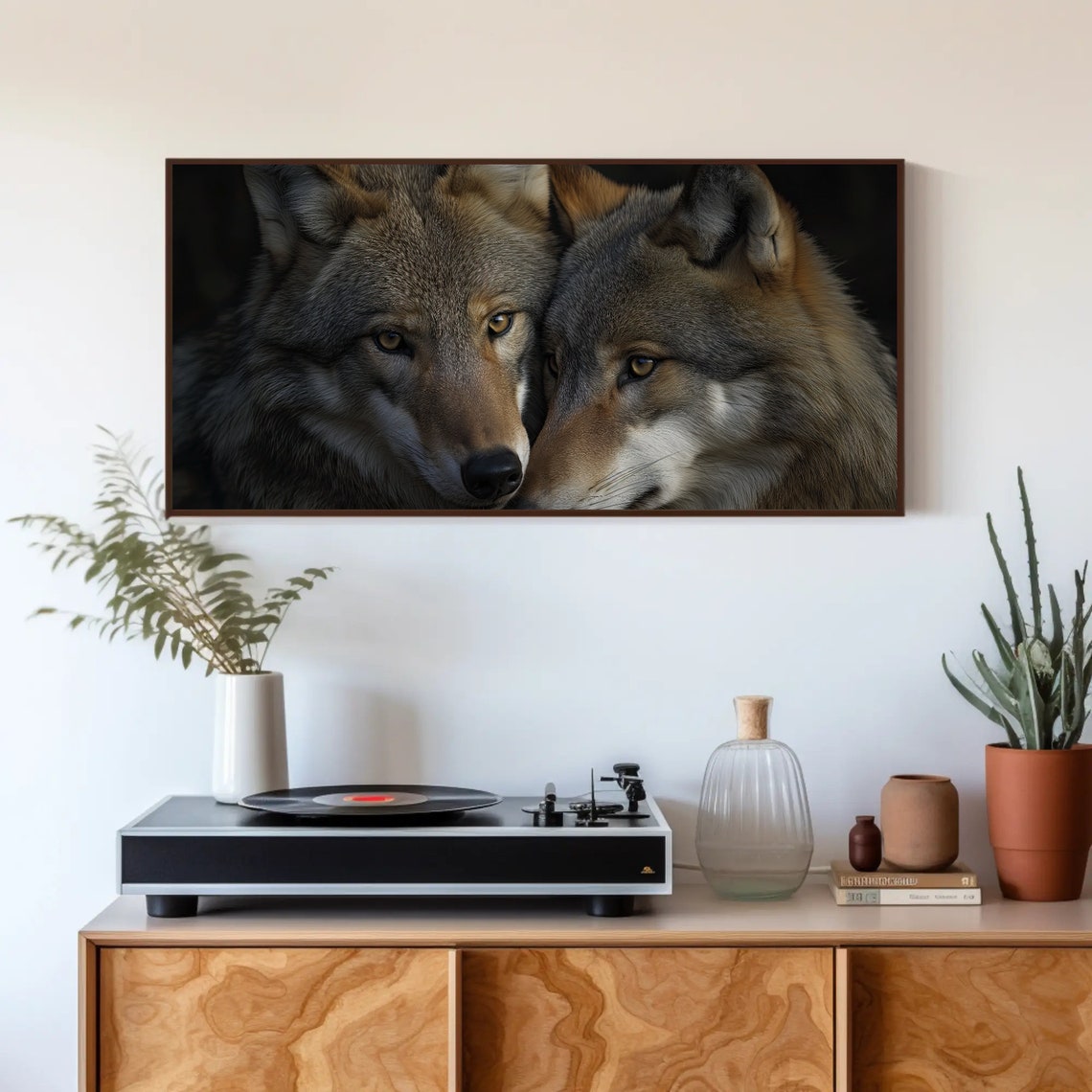 Wolf Couple Nuzzling Dark Background Wildlife Portrait Poster - Image 4