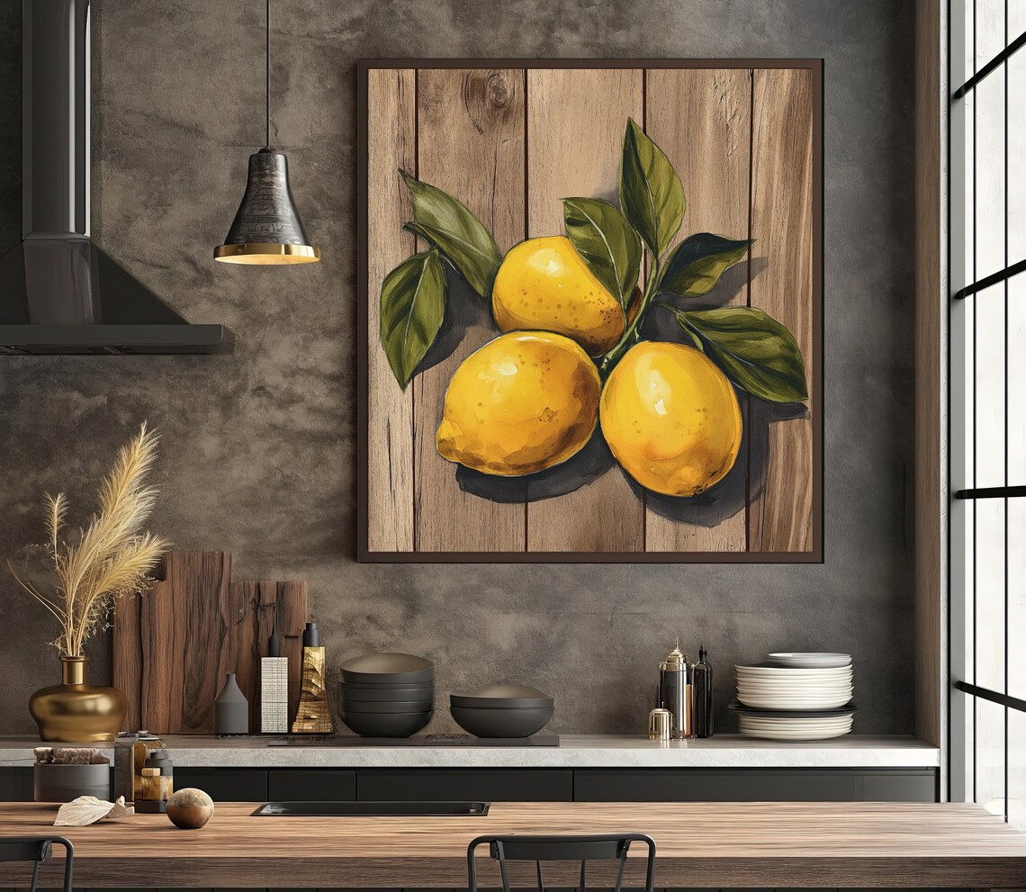 Lemons Rustic Wood Background Print Kitchen Wall Decor Farmhouse Kitchen Decor Cottage Kitchen Wall Art Ready To Hang