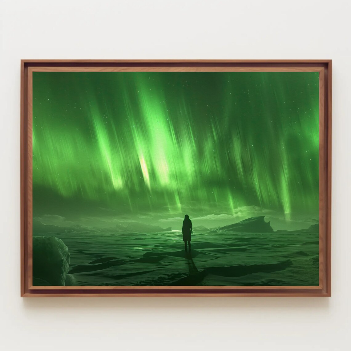 Green Northern Lights Lone Figure Icy Coast Night Sky Poster - Image 3