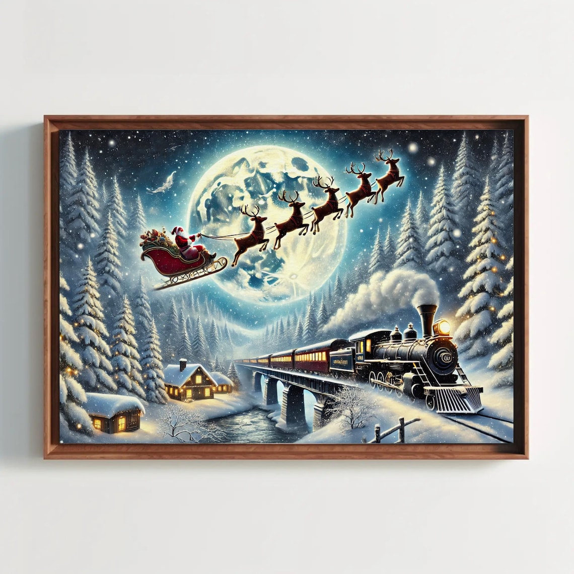 Santa Sleigh And Steam Train Under The Full Moon Night Poster