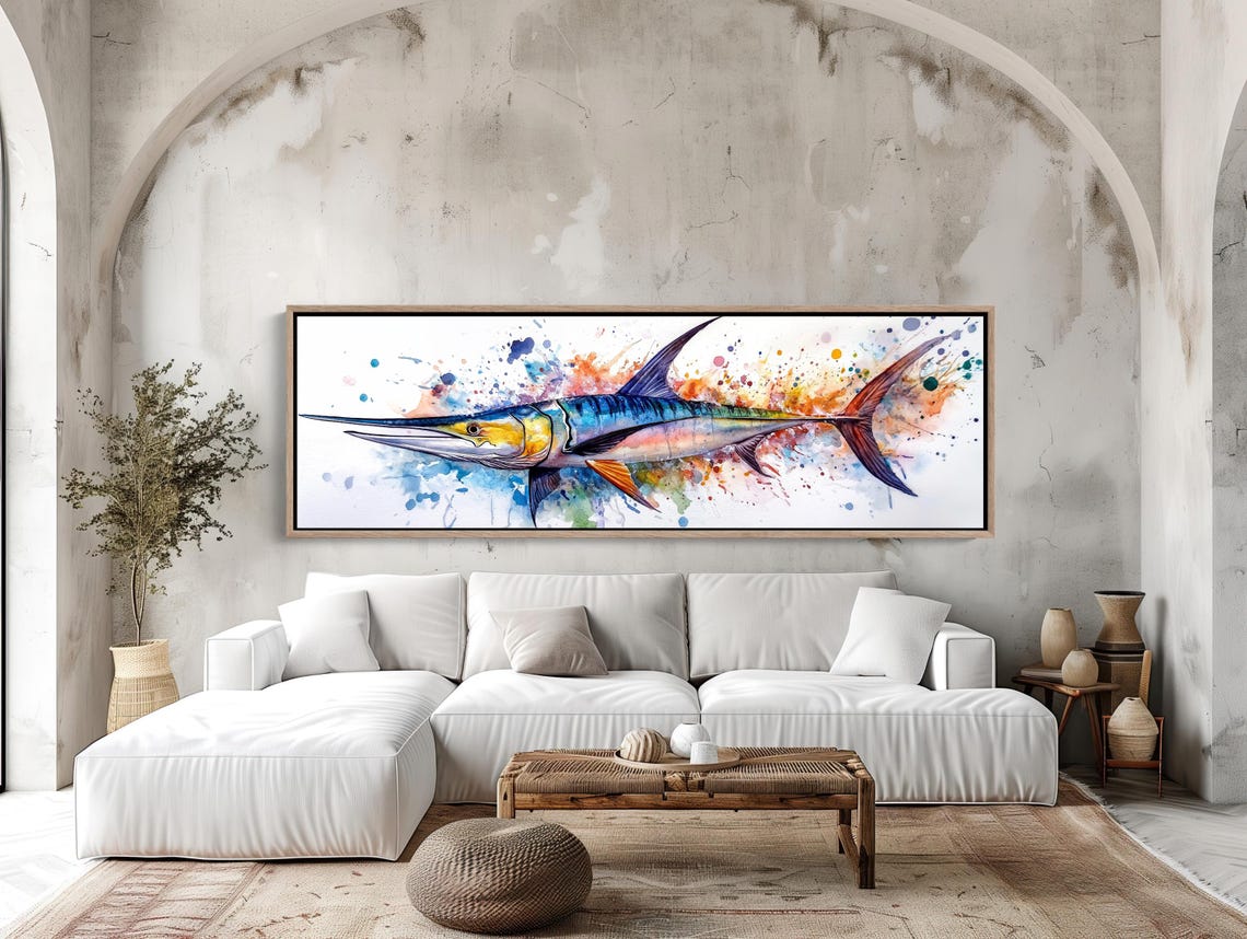 Blue Marlin Watercolor Splash Panoramic Ocean Fish Art Poster - Image 3