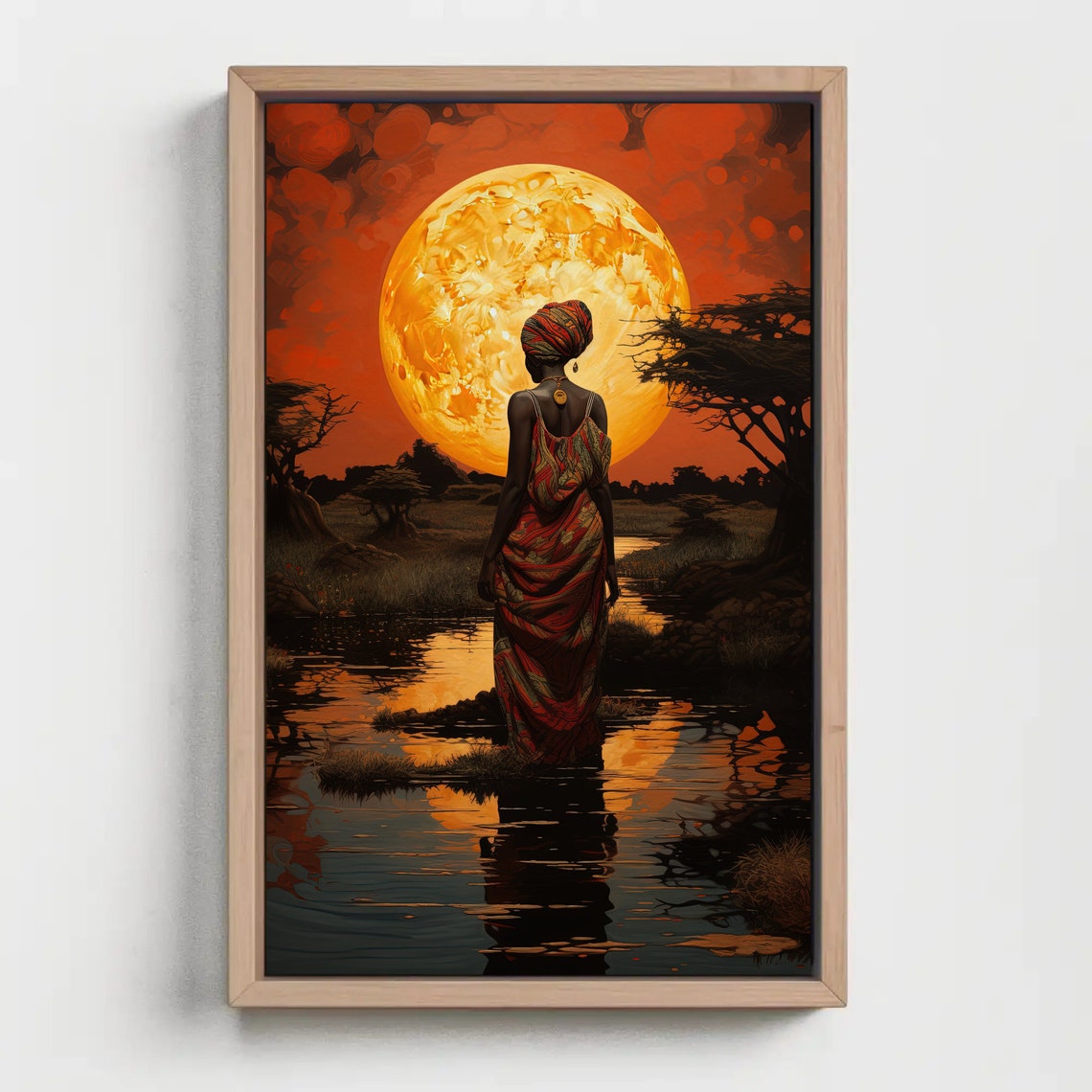 African Woman Before Giant Orange Moon Over Still Water Poster - Image 5
