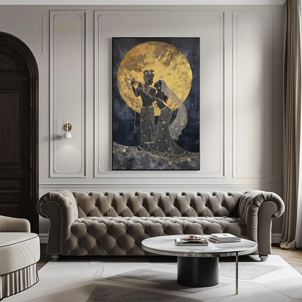Radha Krishna Under Golden Moon Art Print - Image 4