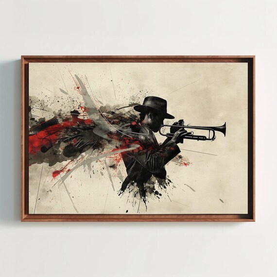 Jazz Trumpeter In Hat Silhouette Ink Splash Modern Music Poster