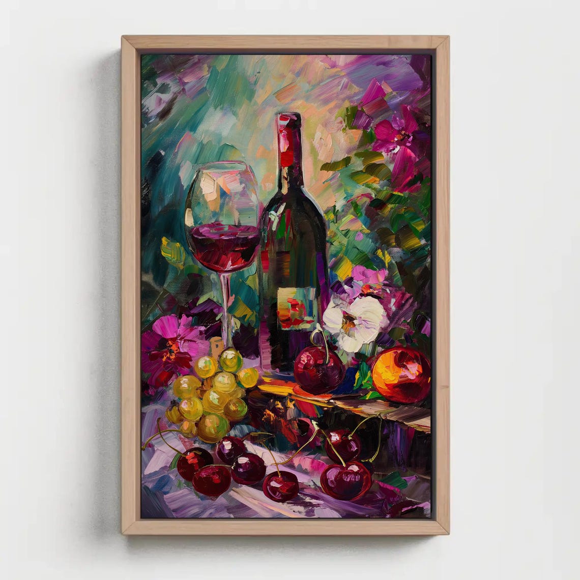 Red Wine Bottle Grapes Cherries Bold Impasto Still Life Dining Poster - Image 2