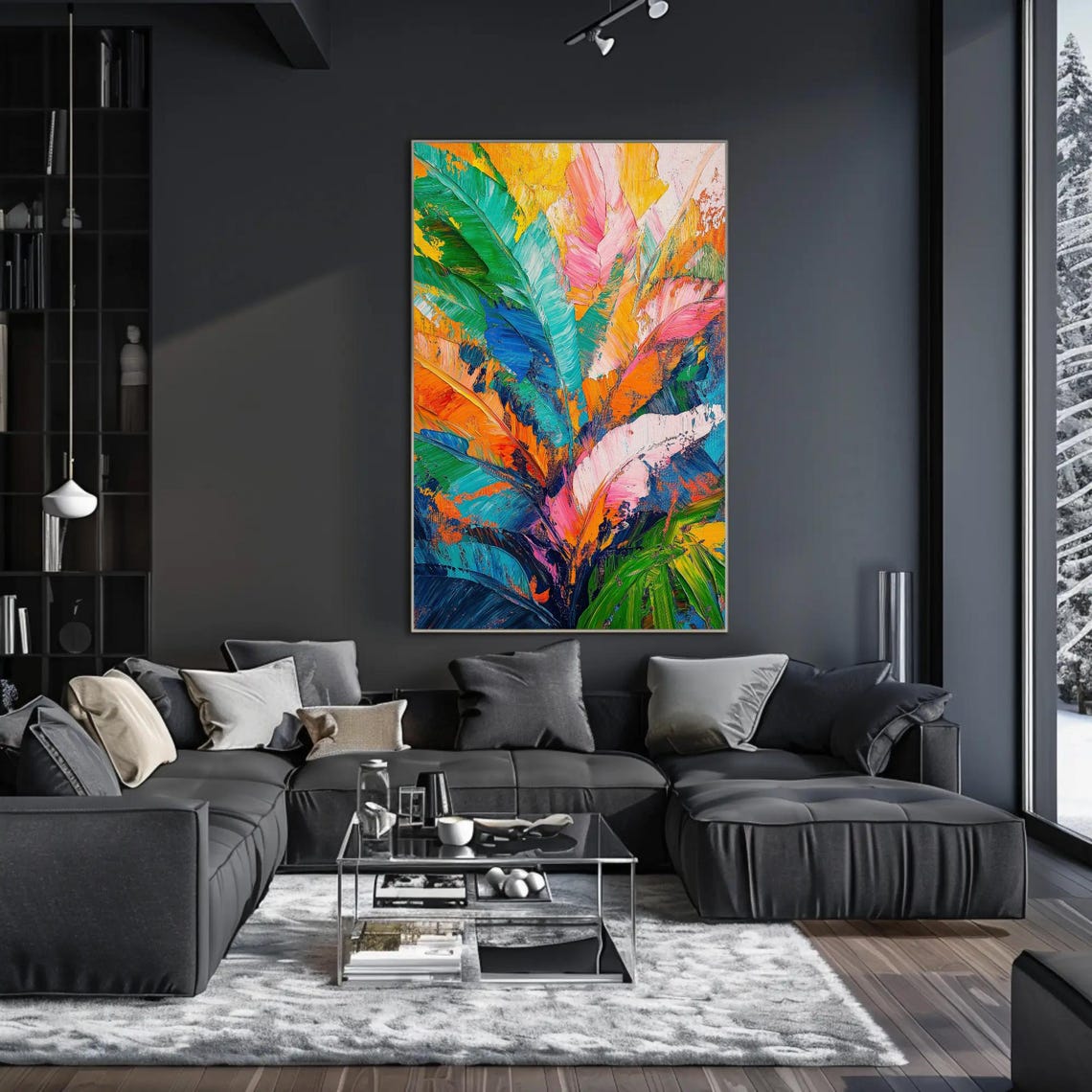 Vibrant Tropical Banana Leaves Thick Palette Knife Painting Poster - Image 4