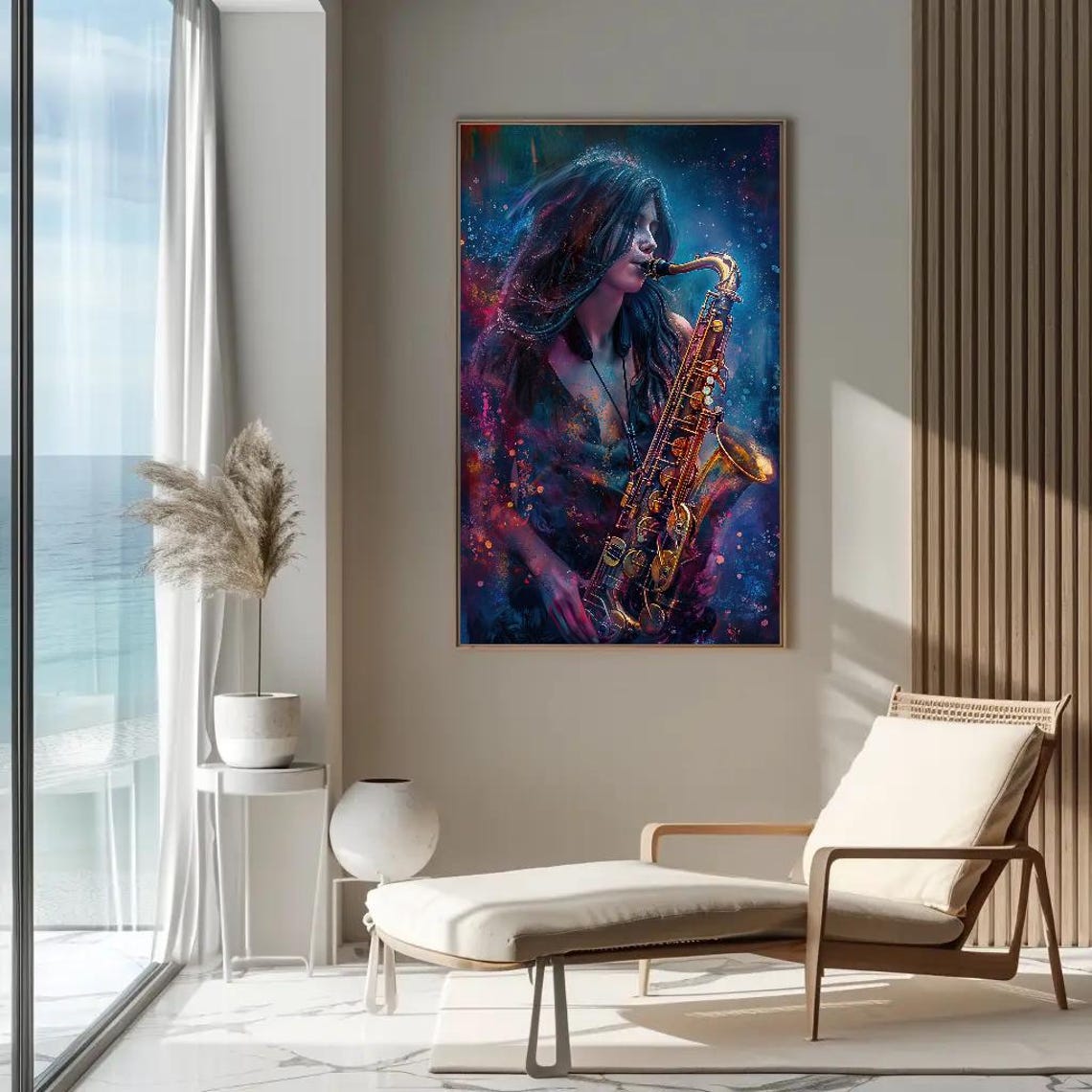 Female Saxophone Player Neon Jazz Music Splash Portrait Artwork Poster - Image 2