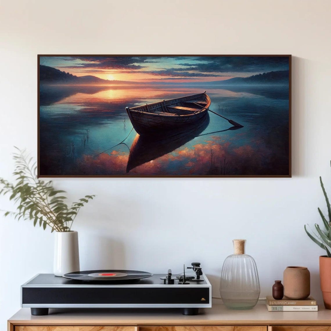 Wooden Rowboat At Sunset On Glassy Lake Mirror Reflections Poster