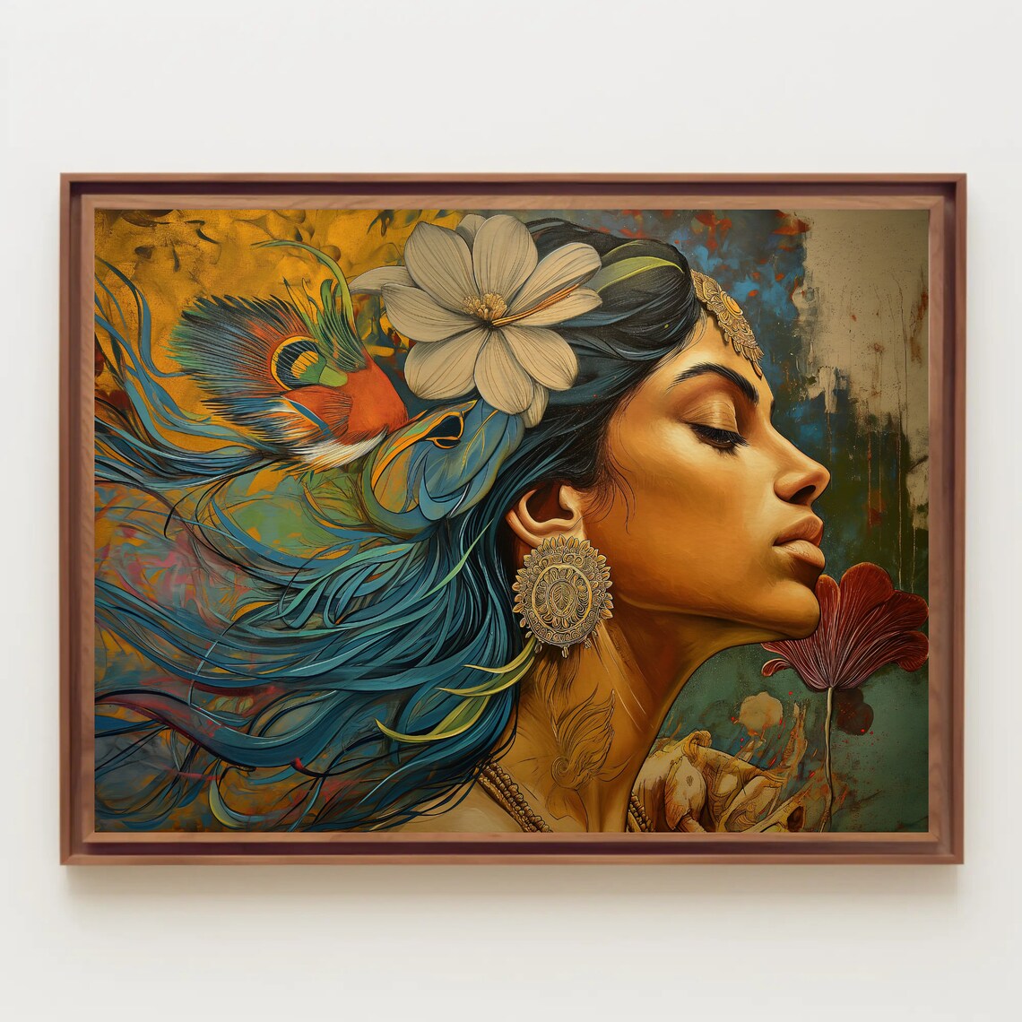Indian Woman with Peacock Feather Golden Abstract Portrait Poster - Image 5
