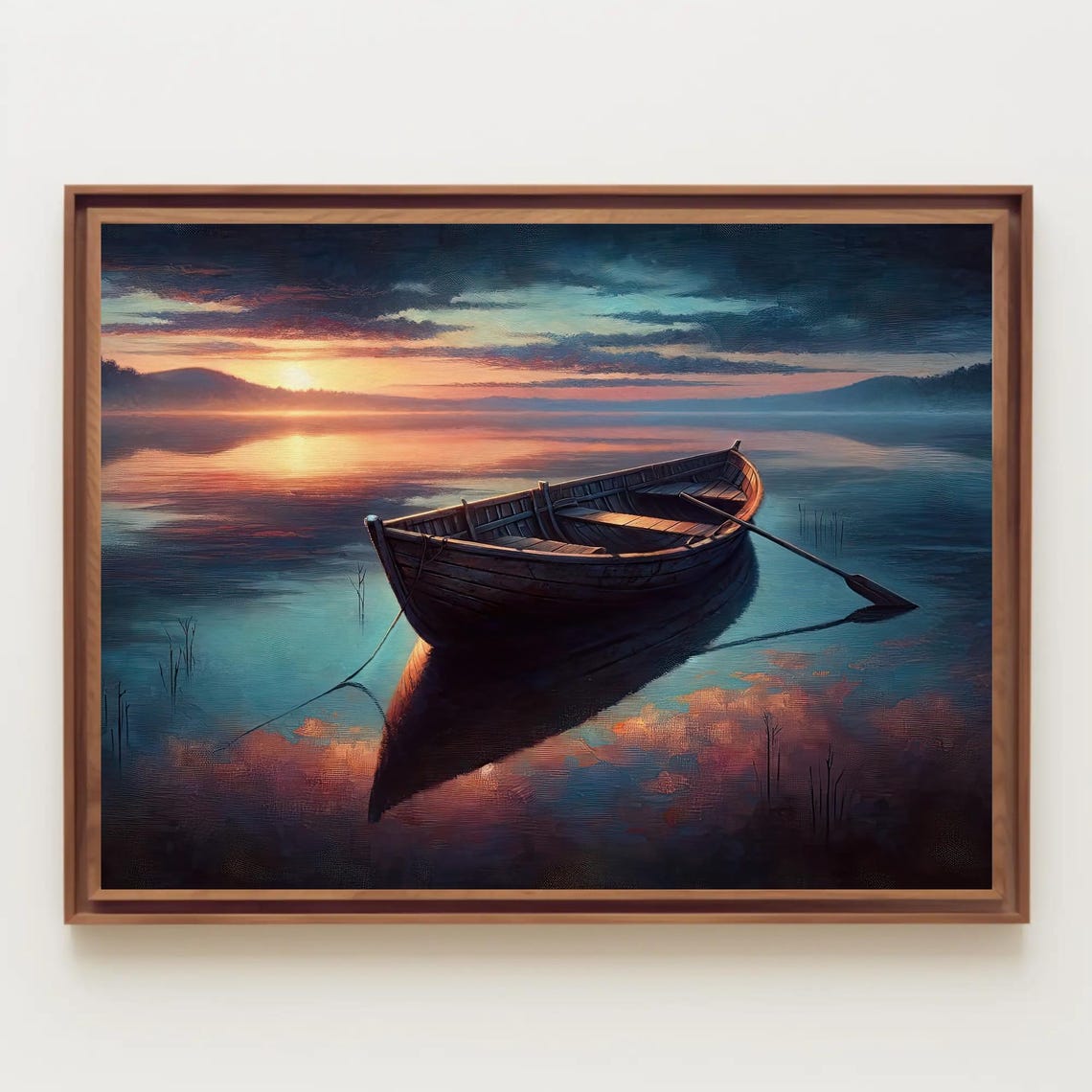 Wooden Rowboat At Sunset On Glassy Lake Mirror Reflections Poster - Image 2