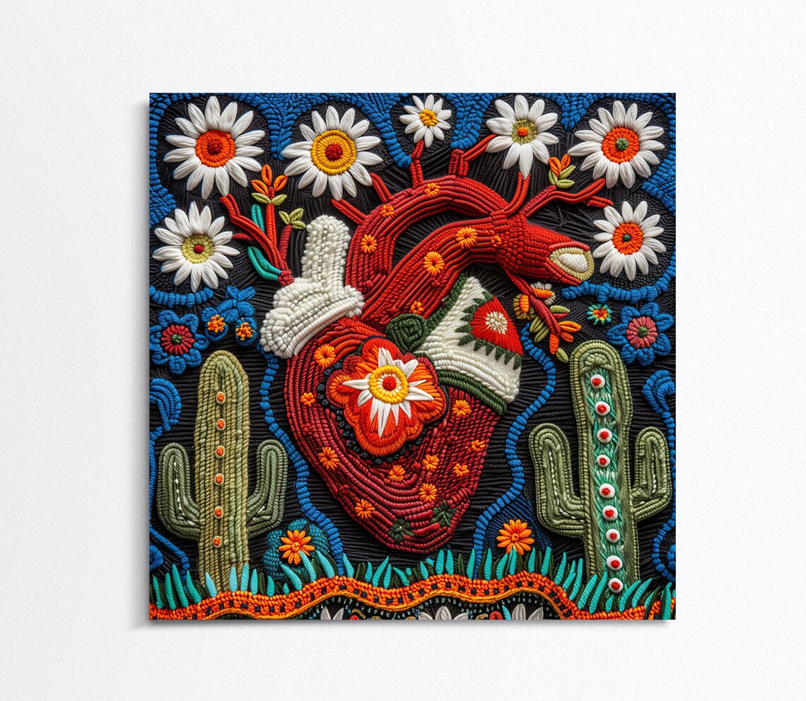 Cactus Flower Heart Huichol Mexican Folk Art Print - Image 2