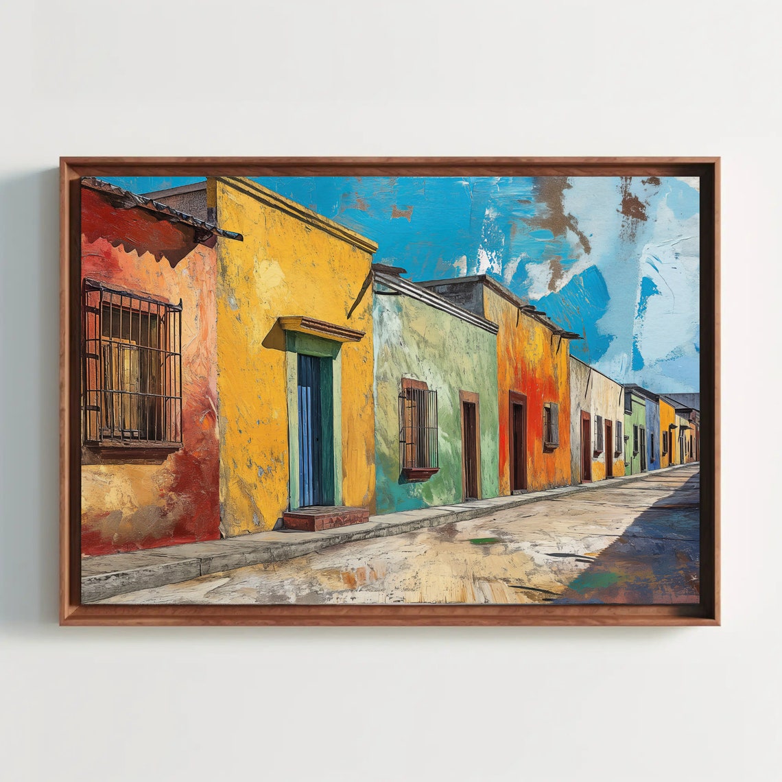 Colorful Mexican Colonial Street Sunny Day Folk Painting Poster - Image 2