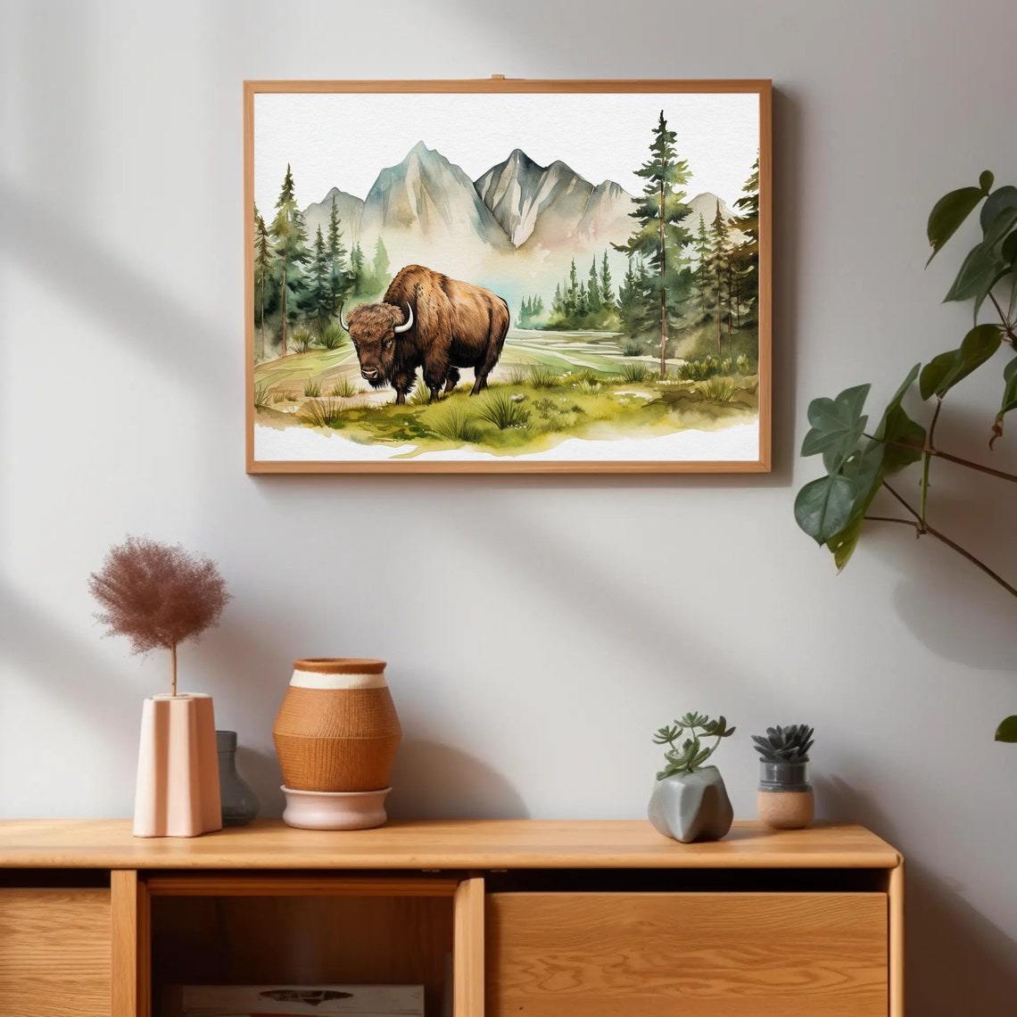 Bison in Mountain Forest Watercolor Wildlife Nature Decor Poster - Image 5