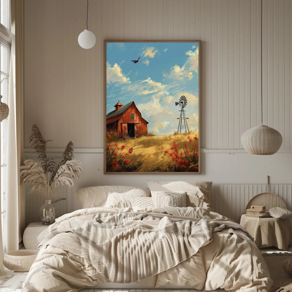 Red Barn Windmill Wheat Field Sunny Farm Landscape Art Poster - Image 2