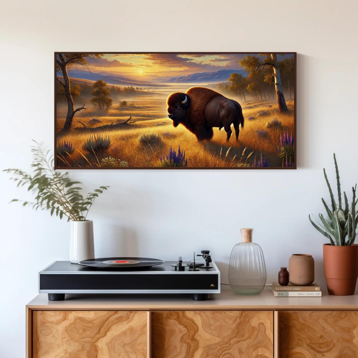 Bison Sunset Golden Meadow Wildflowers Majestic Prairie Landscape Poster - Image 2