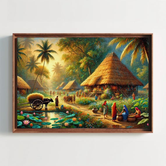 Magic Of Indian Village Oil Painting Surreal Indian Wall Art Rural Indian Culture Print For Living Room Bedroom Ready To Hang
