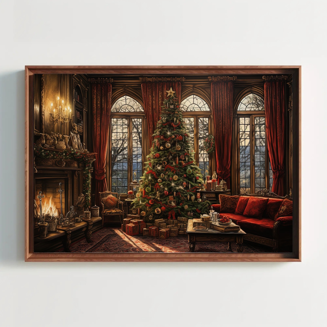 Cozy Christmas Living Room Fireplace Holiday Tree Painting Poster
