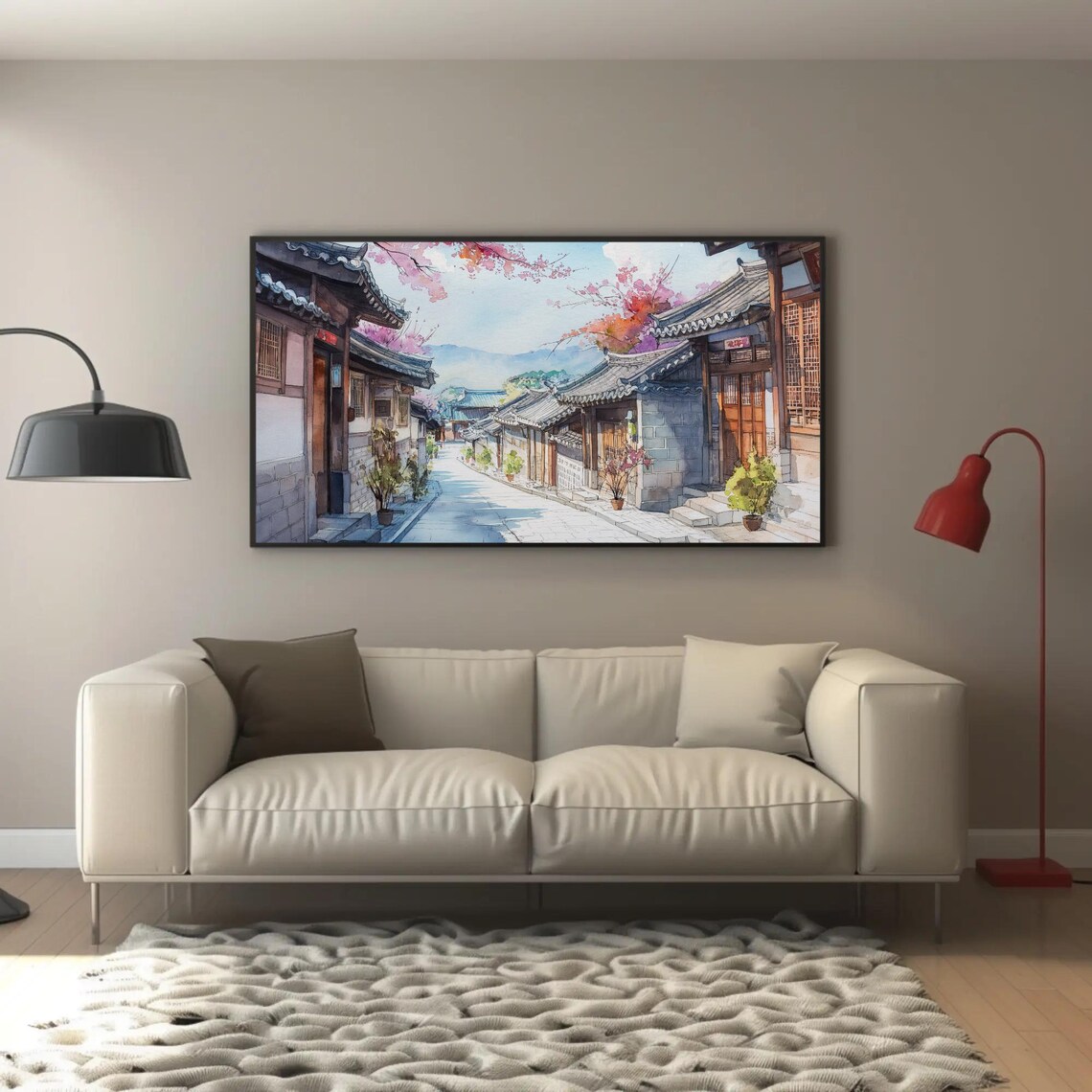 Korean Hanok Street With Cherry Blossoms Watercolor Travel Poster - Image 2
