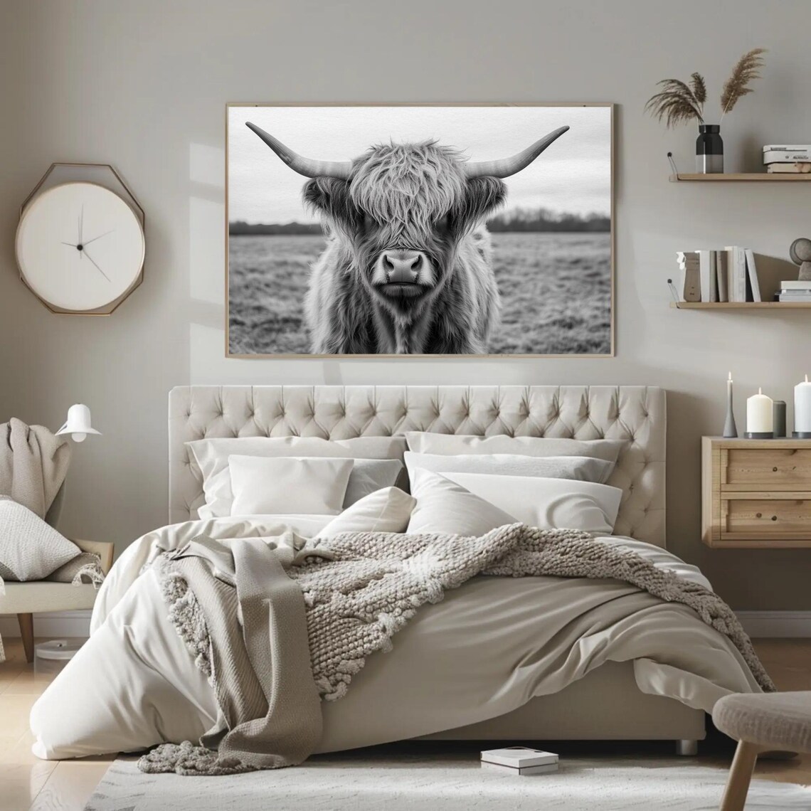 Highland Cow in a Misty Field Black and White Photography Poster - Image 2