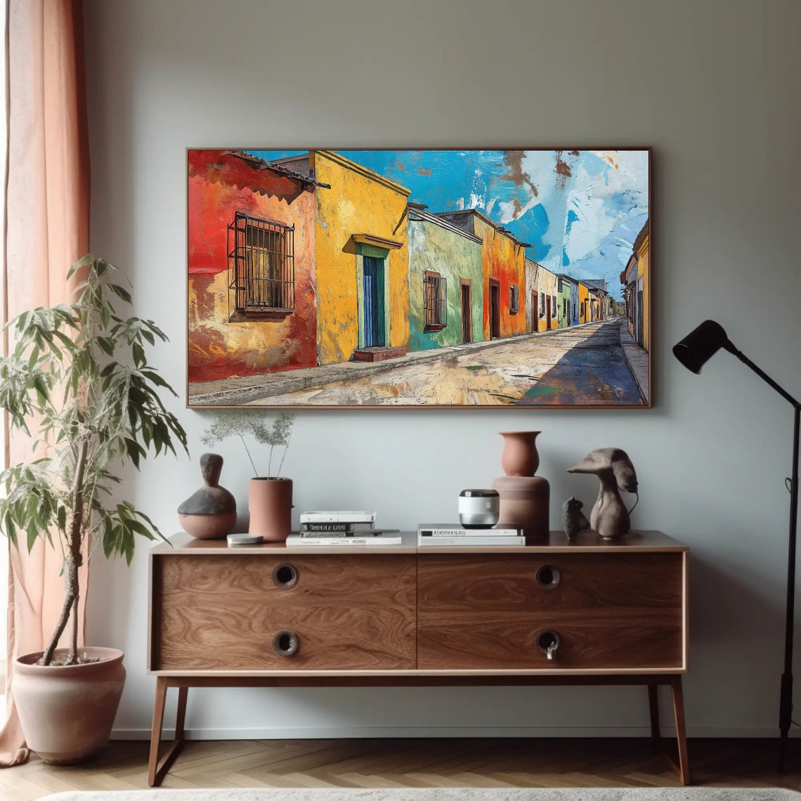 Colorful Mexican Colonial Street Sunny Day Folk Painting Poster