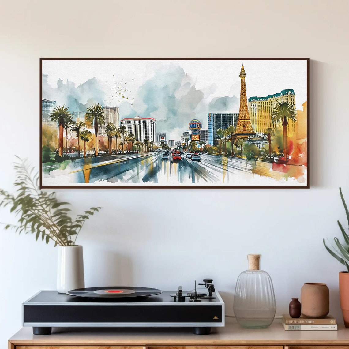 Las Vegas Strip Watercolor with Eiffel Tower Replica Night Poster