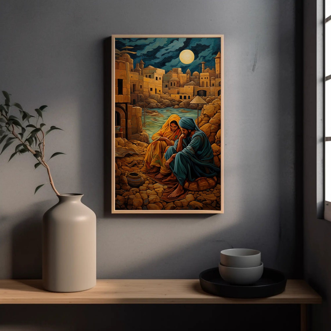 Indian Couple Sitting Under Moonlight in Ancient Desert City Poster - Image 3