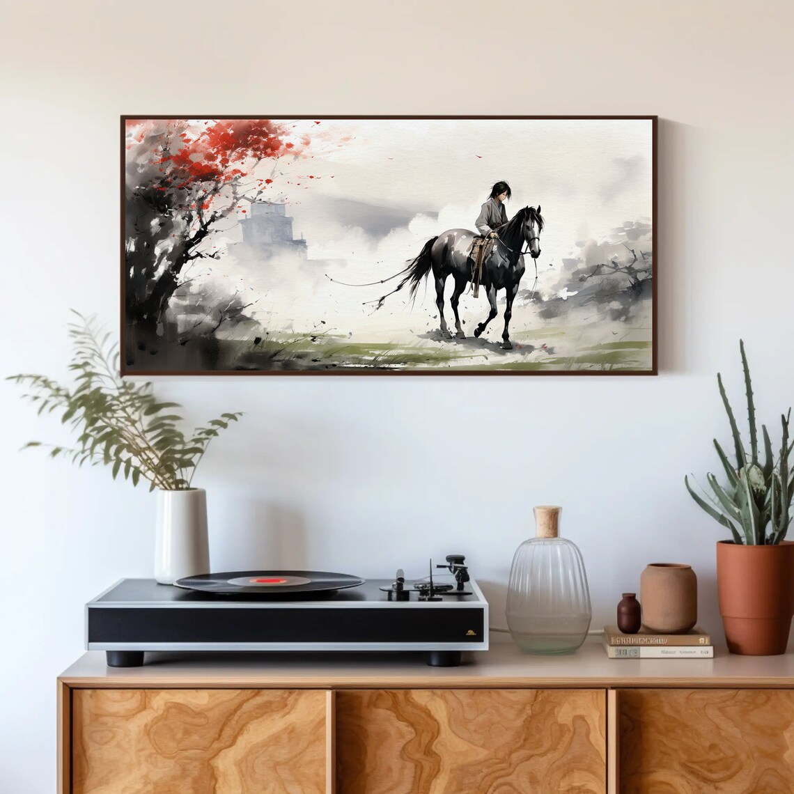 East Asian Ink Wash Horse Rider Crossing Misty Mountains Poster - Image 5