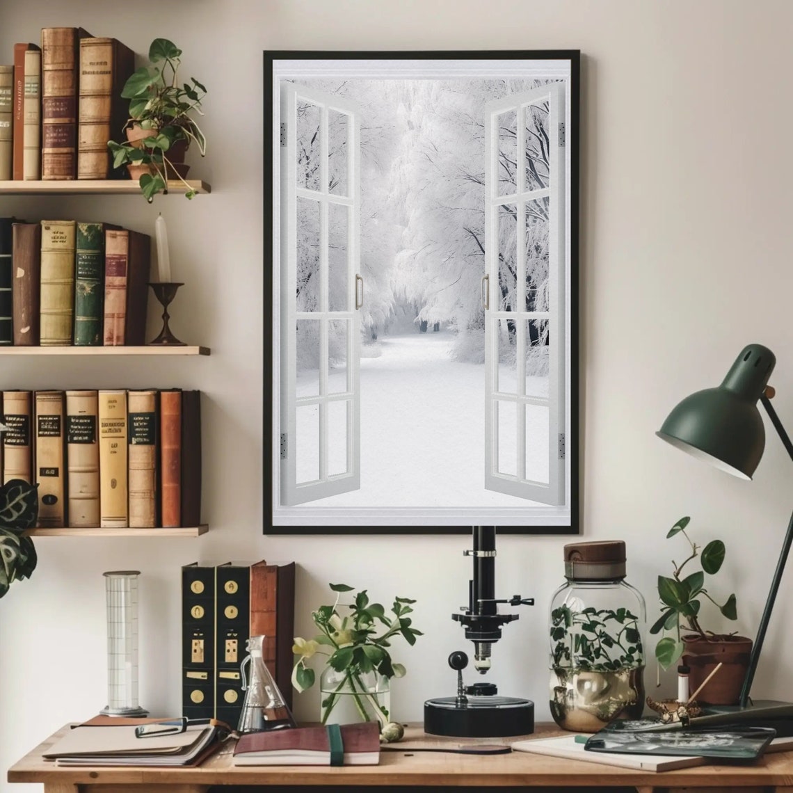 Snowy Forest Faux Window Open Window White Winter Scene Poster - Image 4