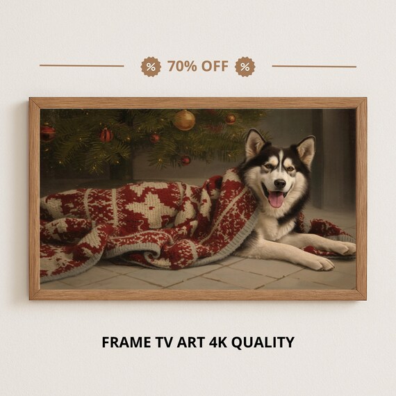 Happy Husky Dog Christmas Tree Red Knit Blanket Holiday Pet Poster