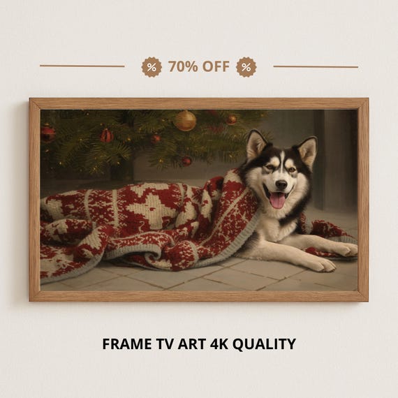 Samsung Frame Tv Art Cozy Husky By The Christmas Tree Vintage Oil Painting