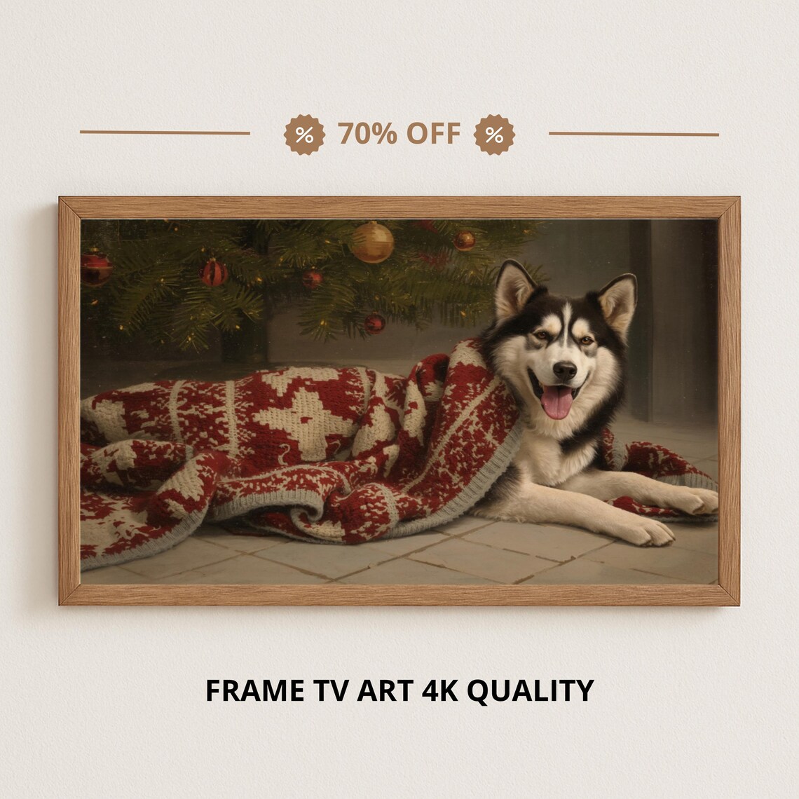 Happy Husky Dog Christmas Tree Red Knit Blanket Holiday Pet Poster