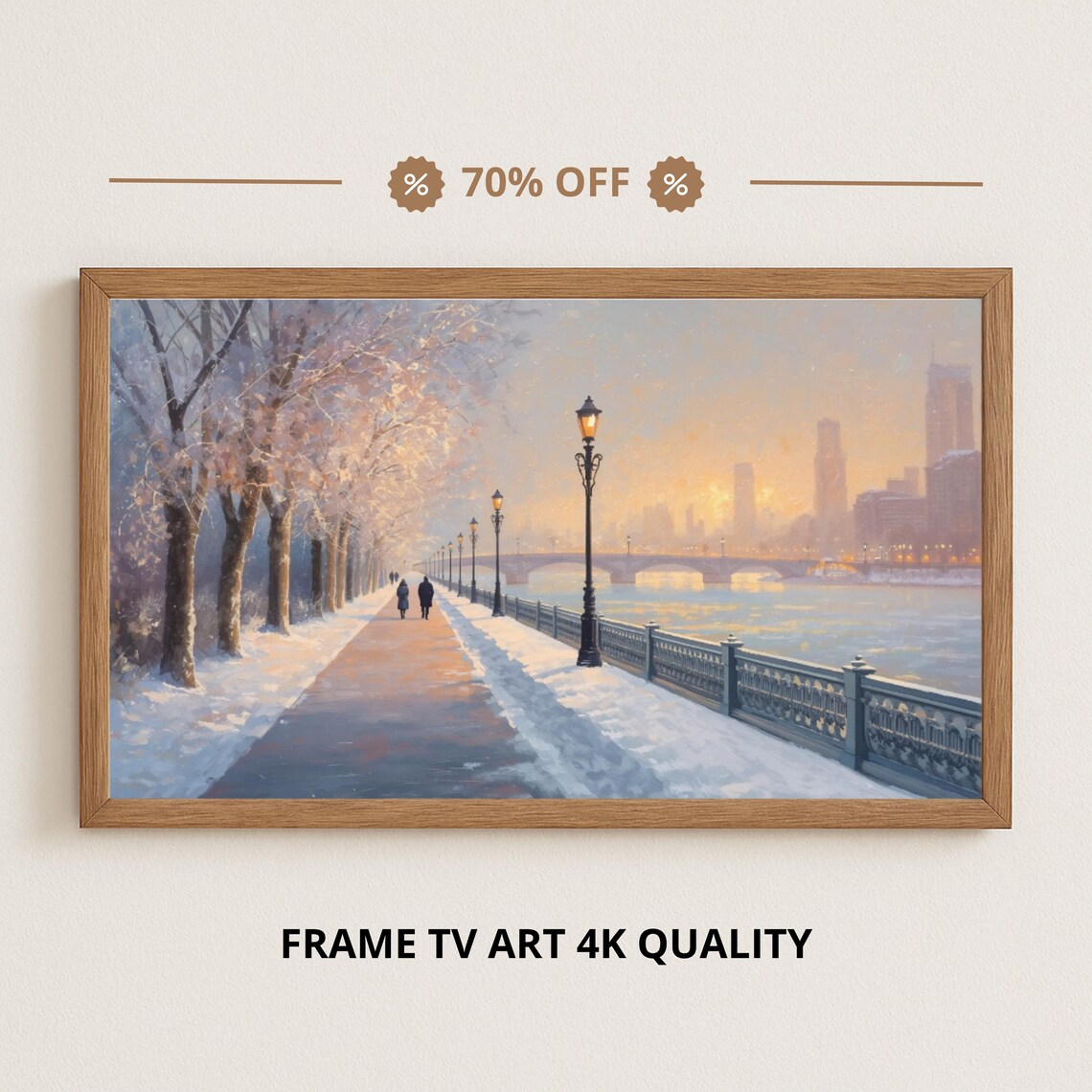 Winter Promenade by the Frozen River, Impressionist Scene