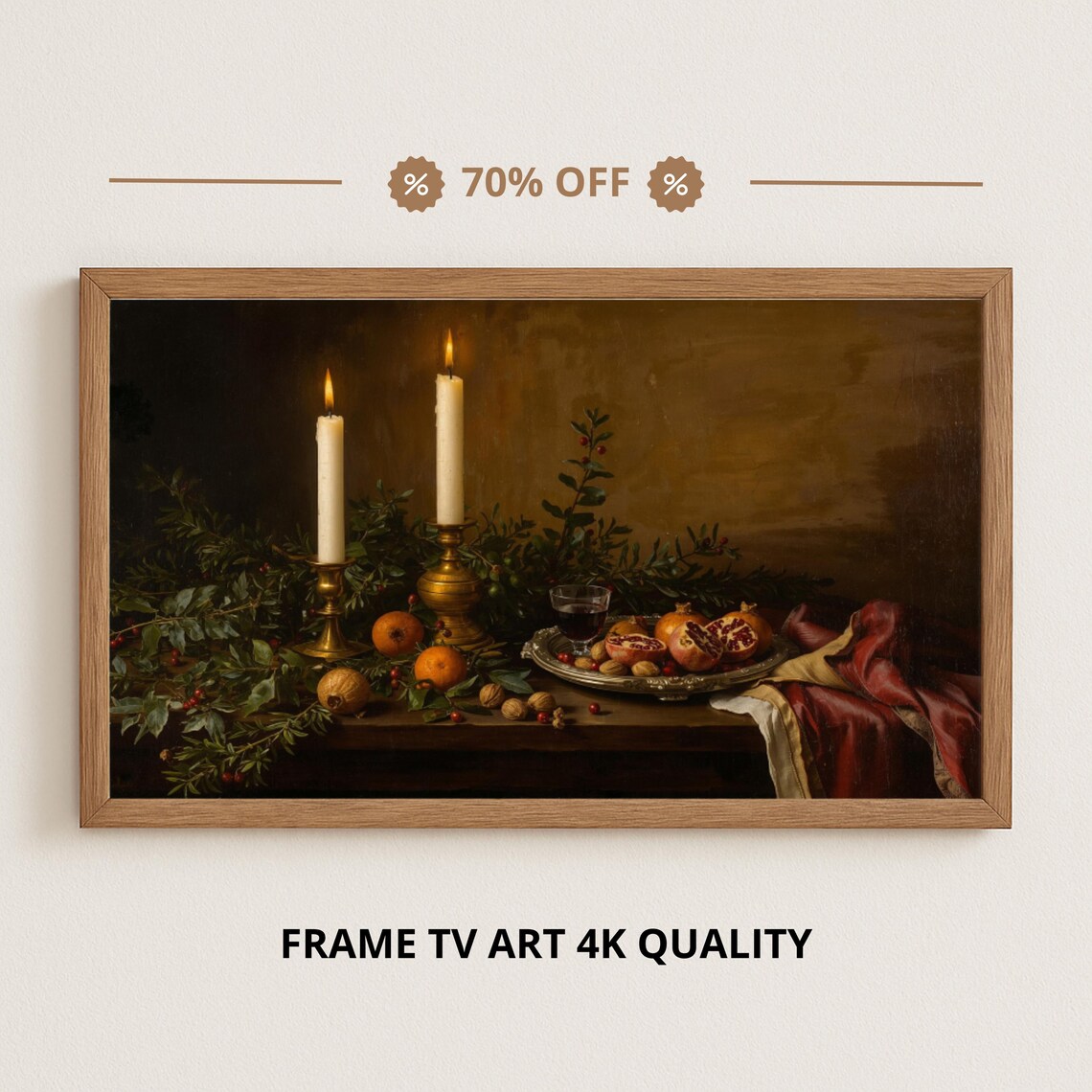 Candlelight Still Life With Pomegranates Walnuts Dark Moody Classic Art Poster