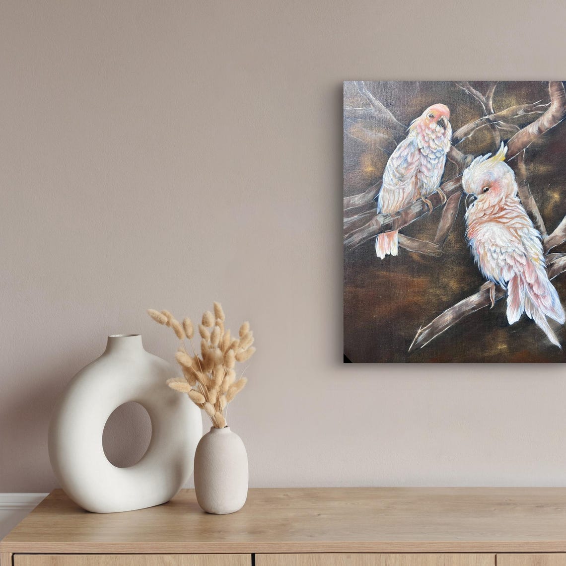 Two White Cockatoos On Branches Dark Background Parrot Painting Poster