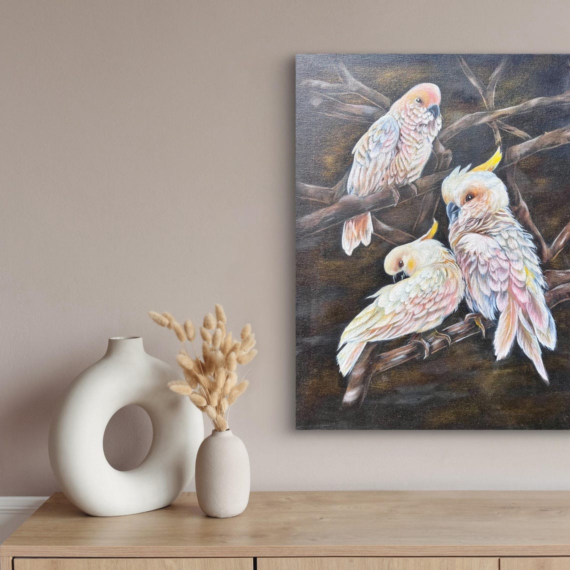 Three White Cockatoos Perched Together Dark Moody Parrot Art Poster