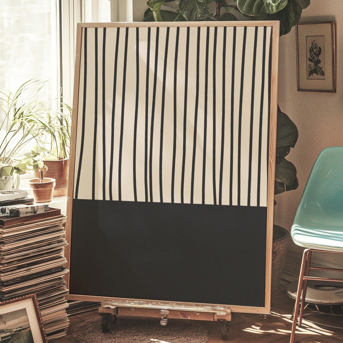Beige and Black Stripes Poster, Mid-Century Modern