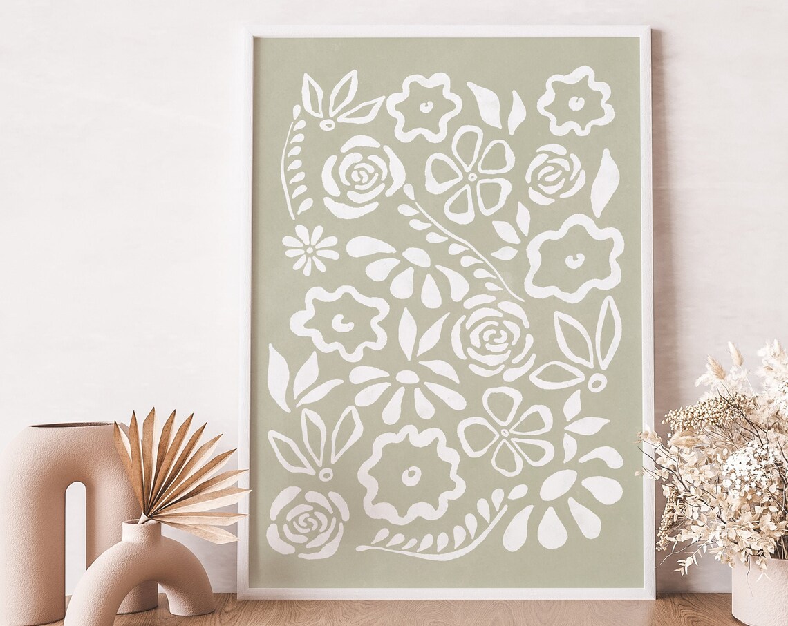 Sage Green Abstract Botanical Line Art Art Print