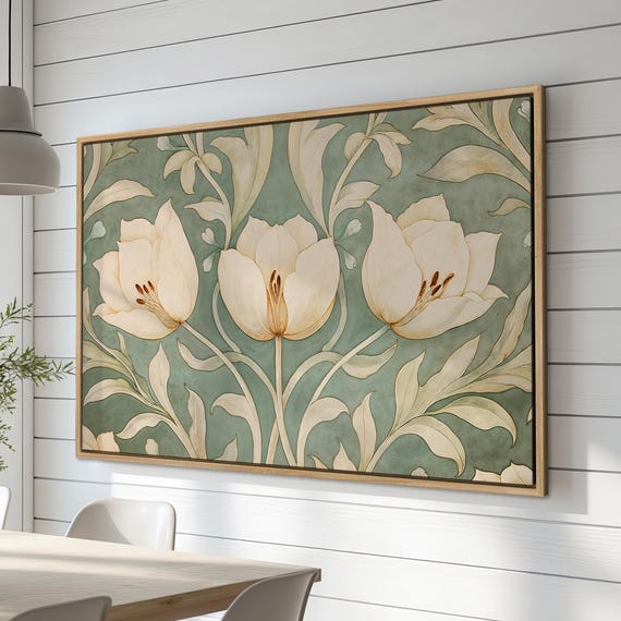 Green Botanical Art Print, Spring Tulips Floral Decor