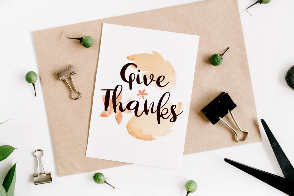 Give Thanks Script Watercolor Fall Thanksgiving Autumn Wall Art - Image 2