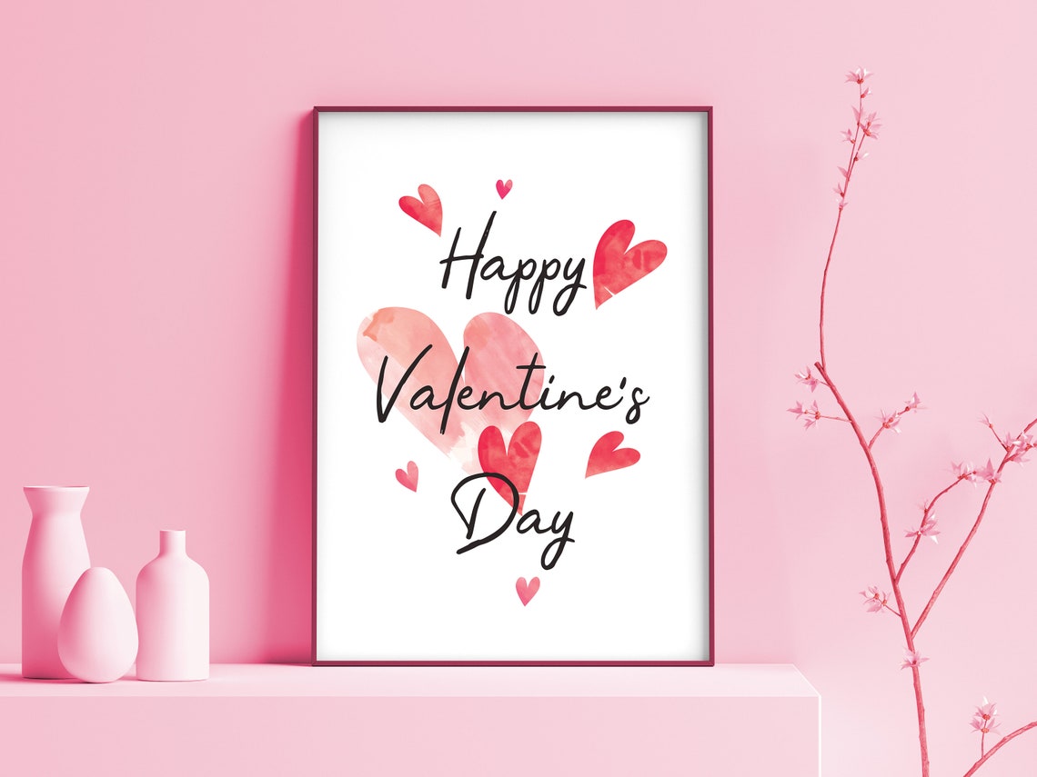 Happy Valentine's Day Red Watercolor Hearts Calligraphy Wall Art - Image 2