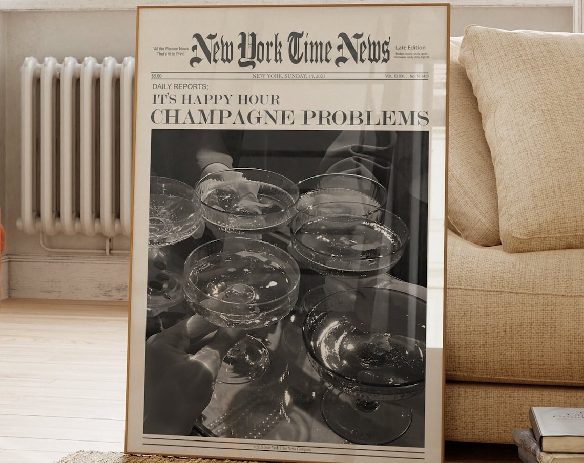 Preppy Newspaper Champagne Poster, Retro Happy Hour Art Print