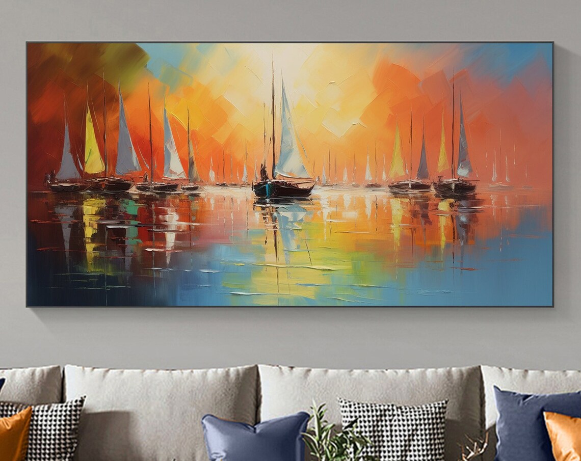 Sailboats at Sunset Calm Harbor Reflections Orange Sky Poster