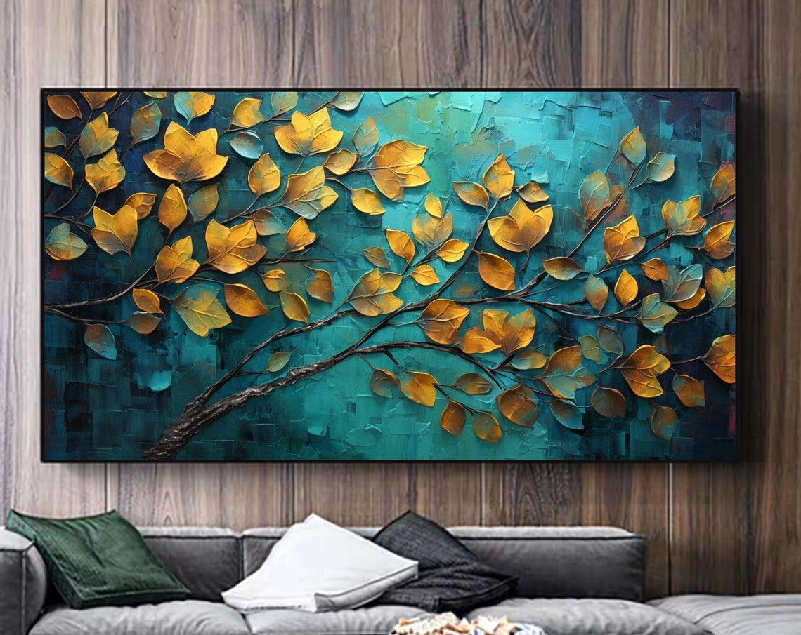 Golden Autumn Leaves Spreading Over Textured Teal Canvas Poster